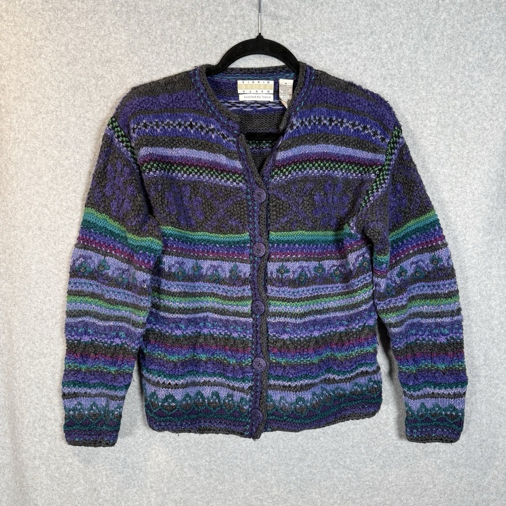 Sigrid olsen cardigan womens medium knitted by hand purple cropped sweater